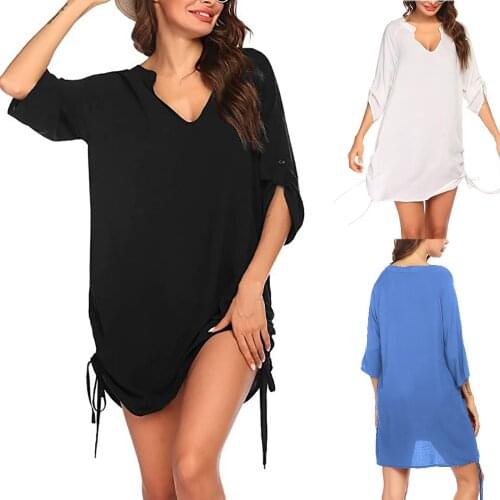 Womens Tops Casual Fashion V-Neck Solid Color Loose Short-Sleeved T-Shirt Top Side Drawstring Female Basis Shirt Women Clothing