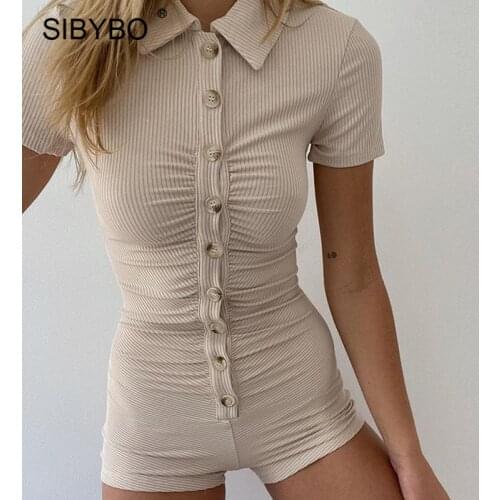 Sibybo Y2K Rib Knit Button Playsuits Women Summer Turn-down Collar Bodycon Short Jumpsuit Romper Femme Polo Neck Sport Jumpsuit