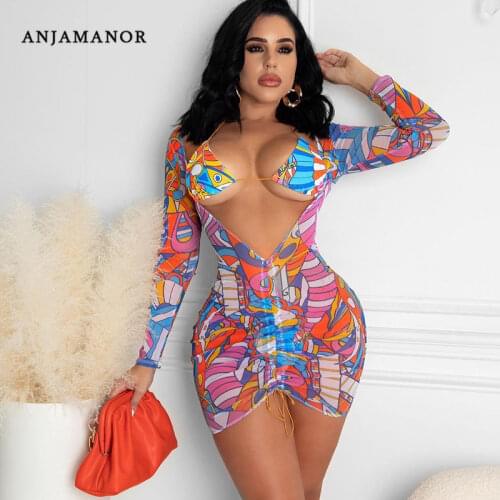 ANJAMANOR Sheer Mesh Print Long Sleeve Bodycon Dress Women Two Pieces Matching Sets Sexy Beach Outfits Vacation D85-BI14
