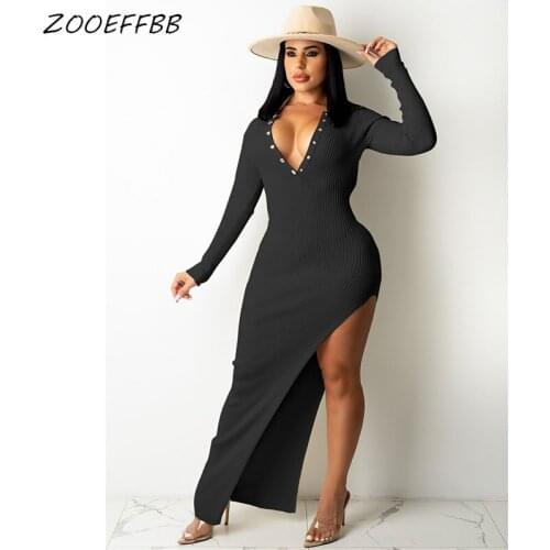 ZOOEFFB Sexy Backless V Neck High Split Maxi Dress for Women Fashion 2021 Elegant Birthday Outfits Knit Club Evening Y2K Dresses