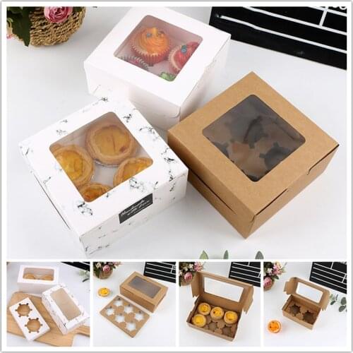 1Pcs Cake Boxes 2/4/6 Cavity Cup Packaging Box With Clear Window Muffin Kraft Paper Container Cake Holder Cupcake Packaging Box