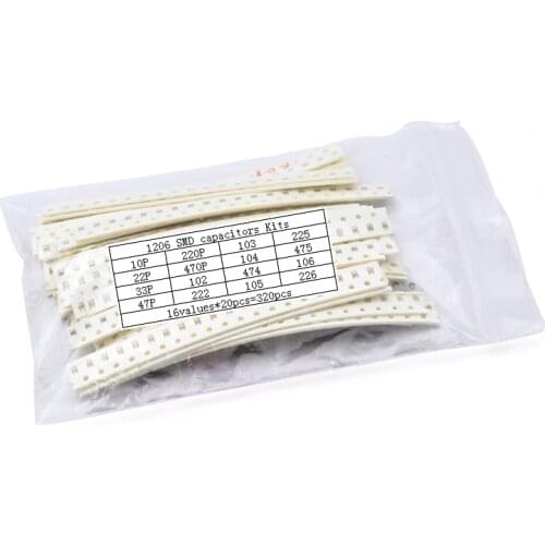 1206 SMD Capacitors Assorted Kit 10PF-22UF 16values*20pcs=320pcs capacitor set 10P 22P 33P 47P 220P 470P 0.1UF 1UF