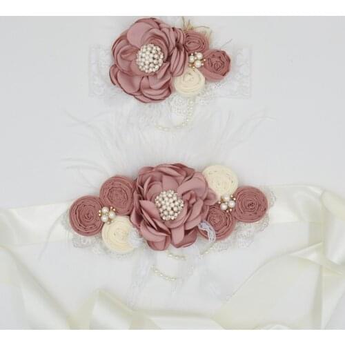 2Pcs/Set Vintage Stain Flower Sashes Lace Rhinestone Headband Bridal Feather Pearl Ivory Ribbon Fetus Belt Maternity Band
