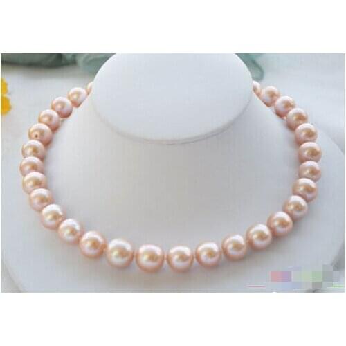 FREE SHIPPING>>>@@ > P4129 Lustre AA++17" 11-12mm ROUND PINK PEARL NECKLACE 14KT^^^@^Noble style Natural Fine jewe