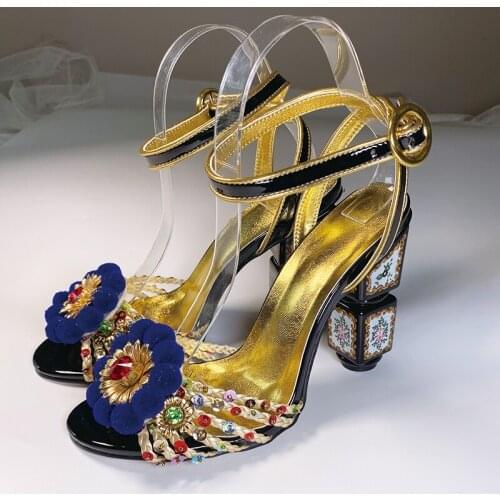 Bohemian Retro Chunky Heel Sandals Luxurious Red Blue Shoes Multi Color Crystal Embellished Block Floral Pump