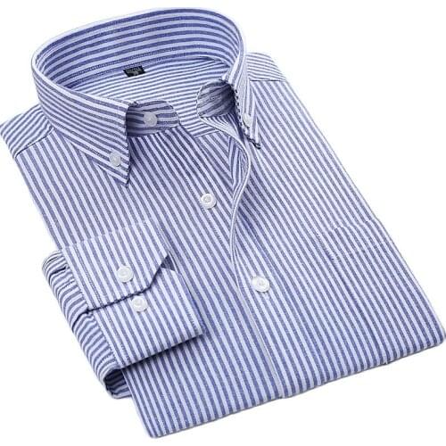 Oxford striped men dress shirt long sleeve Button turn-down collar Regular fit male plaid casual shirts High quality