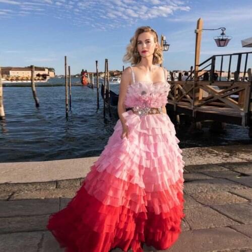 Gradient Pink Elegant Exquisite Women Dress Floor Length Tulle Ruffle Layered Evening Dress Party Dress Plus Size Custom Made