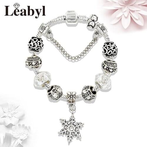 Leabyl Classic White Snowflake Bead Pendant Bracelets for Women Child Gift Silver Color Heart Charm Crystal Bracelet DIY Jewelry