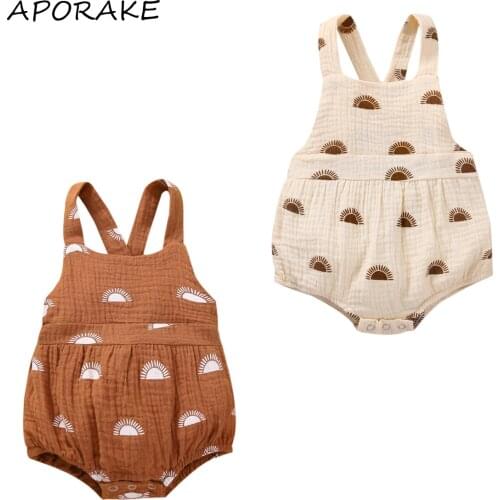 2021 0-24M Summer Newborn Baby Girl Boy Romper Cartoon Sun Print Square Collar Sleeveless Cross Straps Back Cotton Linen Clothes