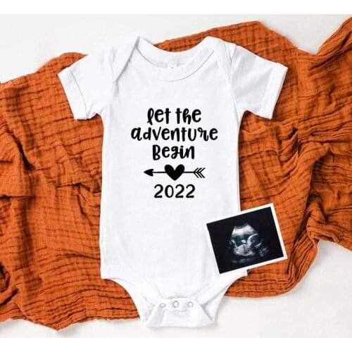 Let The Adventure Begin 2022 Pregnancy Announce Newborn Baby Bodysuits Clothes Girls Boys Jumpsuit Summer Baby Sleepwear
