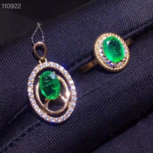 Real 18K Gold Natural Emerald jewelry set Natural Real Emerald 1pc pendant,1pc ring