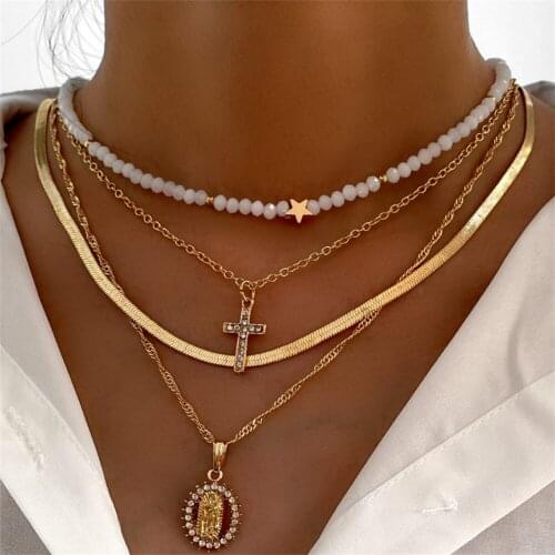 New Multilayer Crystal Cross Maria Portrait Snake Chain Necklace For Women Star Imitation Pearl Choker Necklaces Collar Jewelry
