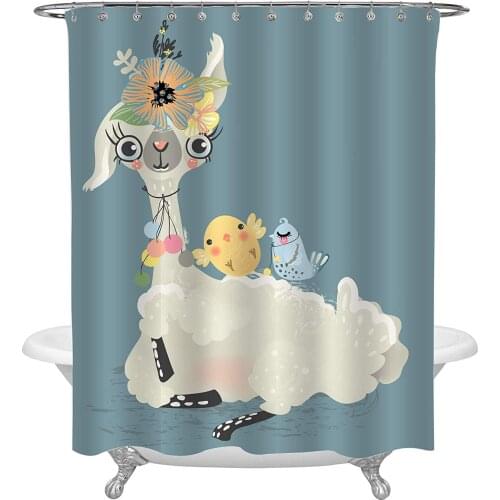 Cute Llama and Her Lovely Friends Animals Shower Curtain Alpaca with Floral Wreath and Pom Baby Birds