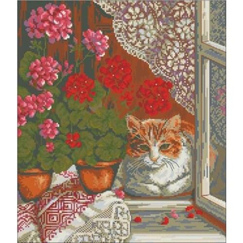 Geranium and cat on the windowsill Counted Cross Stitch 11CT 14CT 18CT DIY Chinese Cross Stitch Kits Embroidery Needlework Sets