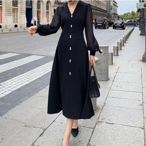 Vintage Pearl Button Dress For Women V neck Chiffon Dress 2019 Autumn Winter Elegant Long Sleeve Female Party Long Dress Vestido