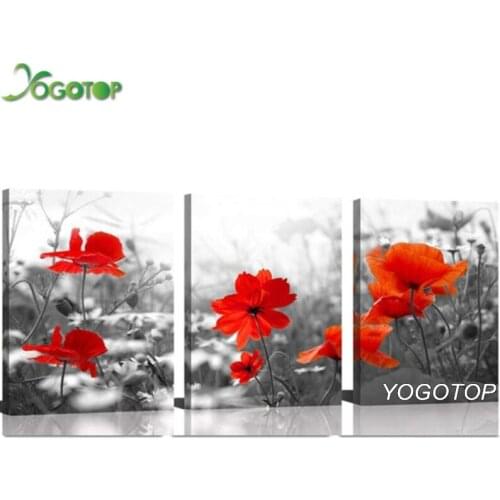 Full Square Round Diy Diamond Painting 3pcs Blooming poppy Red Flower picture Still Life Embroidery Mosaic rhinestone ML1373