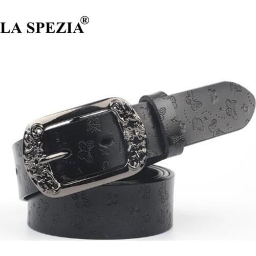 LA SPEZIA Black Belt for Jeans Women Real Leather Pin Belts Female Vintage Cow Genuine Leather Embossed Korean Waist Belt 110cm