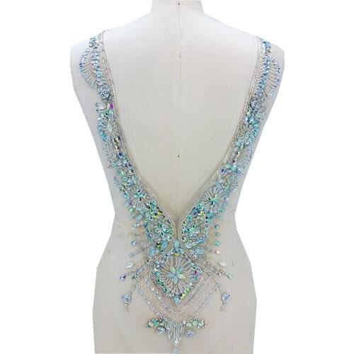 Hand made clear AB colour sew on Rhinestones applique on mesh crystals patches 59*30cm DIY dress accessory