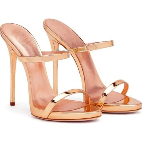 Open Toe Narrow Band Thin High Heel Sandals Champagne Gold Patent Leather Stiletto Heel Sandals Elegant Slip On Open Back Sandal