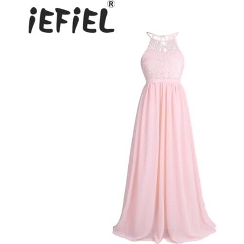 4-14Y Chiffon Halter Embroidered Flower Girls Lace Dress Formal Party Princess Bridesmaid Wedding Children Floor Length Dress