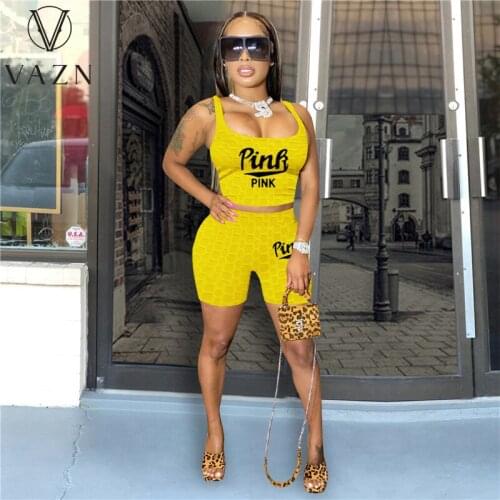 VAZN 2021 Summer Sleeveless O-neck Letter Sexy Bandage Beach Suits 2 Piece Set Women Top And Pant