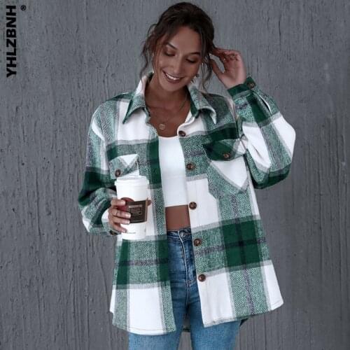 YHLZBNH Autumn Winter Warm Vintage Pockets Oversized Plaid Jacket Coat Women Lapel Collar Long Sleeve Loose Outerwear Chic Tops