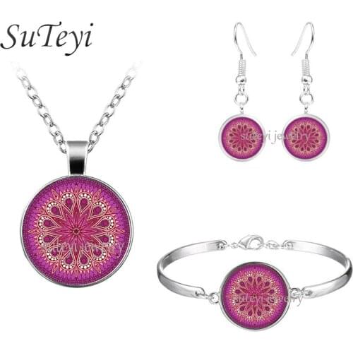 SUTEYI Vintage Jewelry Sets Cabochon Glass Necklace Set and Earing and Bracelet OM Symbol Buddhism Mandala Yoga Jewelry