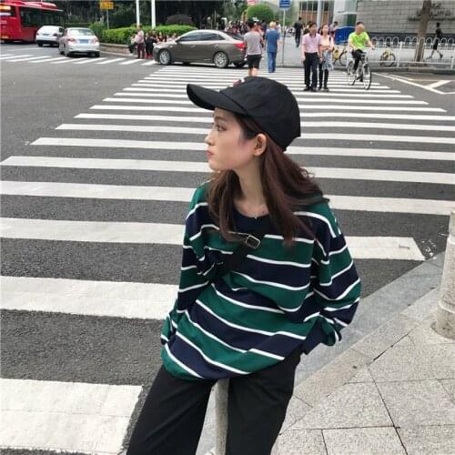 Womens T-shirt Korean Autumn Striped Long-sleeved Harajuku All-match Women Casual Clothes Graphic Kawaii Shirts for Women