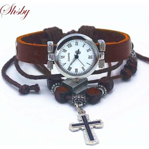 Shsby New unisex ROMA vintage watch leather strap bracelet watches Religious cross women dress watches silver female wristwatch