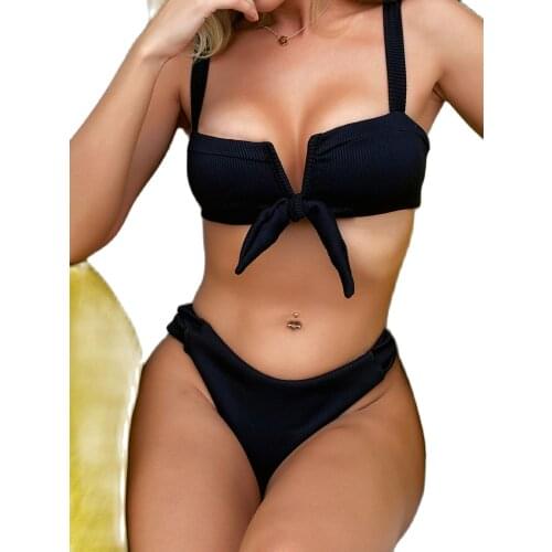 New Women Sexy V Neck Solid Color Bow Strap Bikini Biquini Swimsuit Swimwear Summer 2021 Maillot De Bain Femme