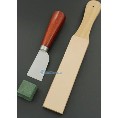 1 Set Wood Handle Leather Strop Chest Double Sided Knife sharpening Polishing Ointment