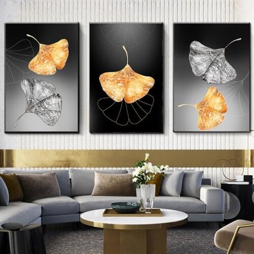 Abstract Nordic Style Landscape Pictures Golden Leaf Modern Poster and Prints Canvas Painting Wall Art in Living Room Home Decor