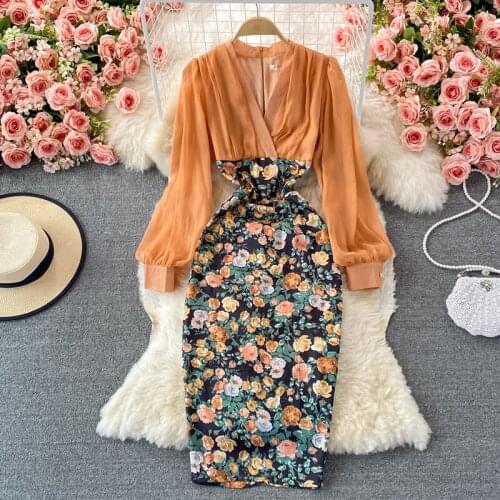 Amolapha Women Autumn Black Slim V-Collar Retro Patchwork Office Lady Chic OL Slim Robe Vintage Printed Dress Workwear Vestidos