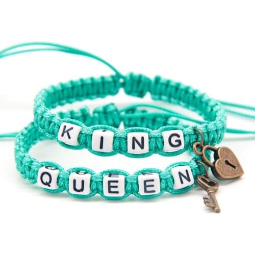2pcs/pair Couple Bracelets Sparkly White Beadeds King Queen With Key Lock Rope Chains Lovers Gift Handmade Charm Bracelets Decor