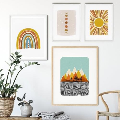 Kids Poster Boho Print Sun Rainbow Posters Nursery Wall Art Canvas Painting Mid Century Wall Pictures For Kids Room Home Decor