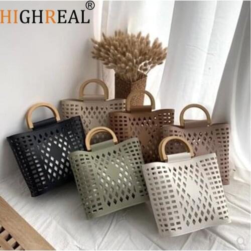 Women Bags Handbags 2019 Famous Brands Hollow Out Beach Bag Bolsa Feminina Wood Handle Tote Bags PU leather Shoulder Bag Purses