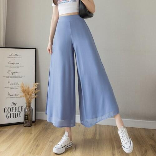 Elegant High Waist Side Slit Chiffon Pants Womens Summer Casual Solid Color Wide-leg Pants Holiday Style Female Loose Trousers
