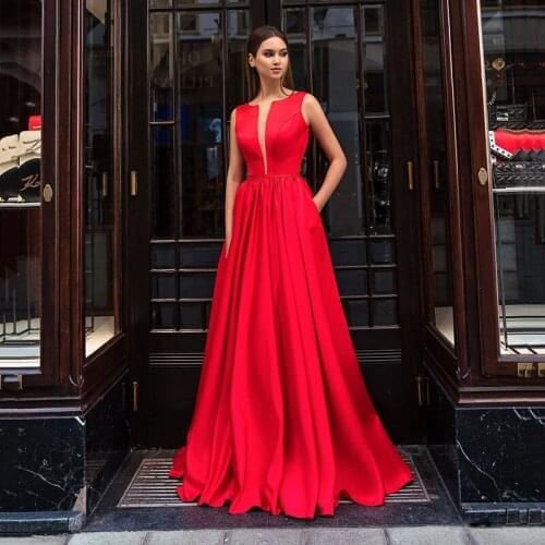 Elegant Evening Dress A-Line V-Neck Sleeveless Tank Straps Pleated Satin Prom Gown Lace Up Party With Pockets vestidos de noche