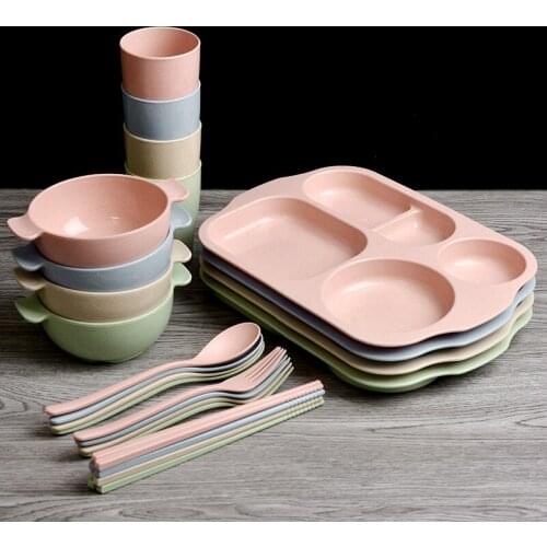 Wheat Straw Solid Dinner Box Set Fast Food Tray Student Dinnerware Set Rice Bowl Environmental Dish Children Food Box Bento 1set