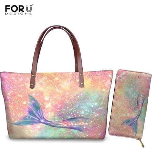 FORUDESIGNS Rainbow Mermaid 3D Print Handbags Set Large Luxury Shoulder Bag for Women Casual Messenger Bags 2pcs Purses Wallets