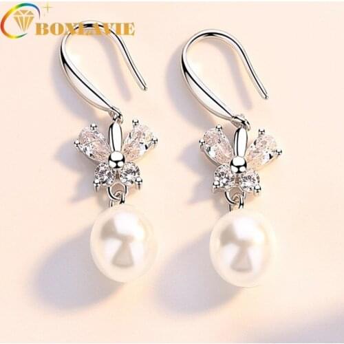 BONLAVIE Korean Fashion Shiny Zircon Bow Pearl Ins Sophisticated Style Earrings Ear Pendant