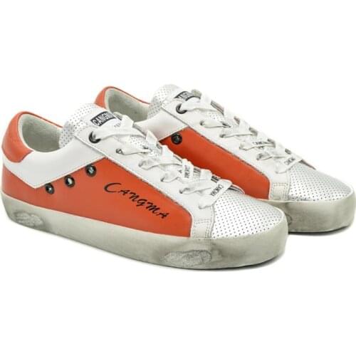 CANGMA Luxury Brand Original Designer Women Casual Shoes Female Orange Silver Bass Genuine Leather Flats Ladies Sneakers
