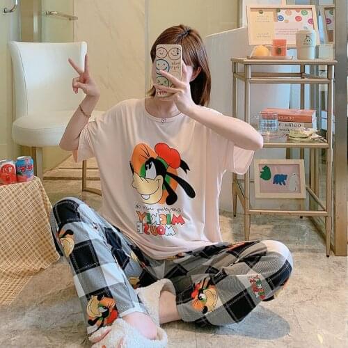 Cartoon Mickey print girl summer new cute pajamas women short-sleeved trousers girl home service two-piece suit
