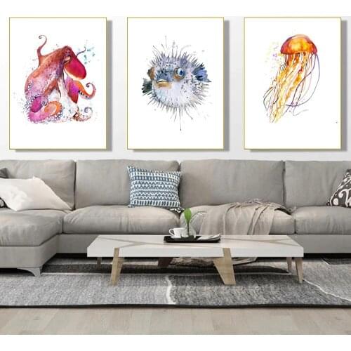 Jellyfish Octopus Dolphin Fish Shark Canvas Painting Modern Nordic Style Childrens Room Decorative Wall Art Decoration Poster