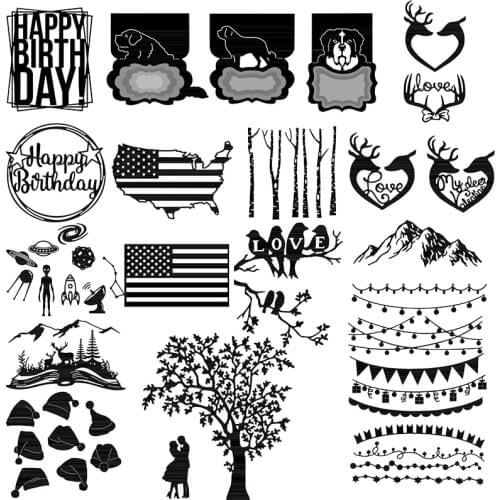 Cute Dogs Bird Rectangle Frame Happy Birthday Tree Mountain Metal Cutting Dies Scrapbooking DIY Craft Card Photo Making New Dies