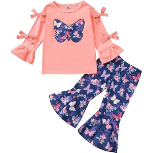 2021 0-6Y Cute Kids Baby Girl Clothes Set Bows Flare Long Sleeve T-shirt Top+Butterfly Print Pants Spring Fall 2pcs Outfits