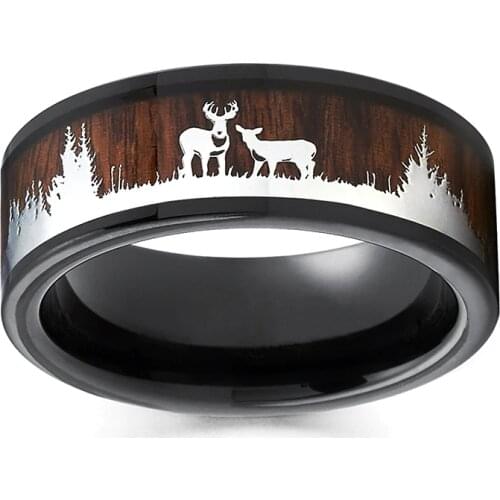 Fashion Rose Gold Black Tungsten Hunting Mens Ring Vintage Deer Silhouette Wooden Wedding Ring Engagement Jewellery