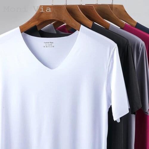 Mens Oversized Ice Silk Short-Sleeved T-Shirt Seamless Bottoming Undershirt V-Neck Half-Sleeved Shirts Summer Thin Mens Top