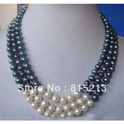 N116 3 row 7-8mm white &black pearl necklace N Discount NEW
