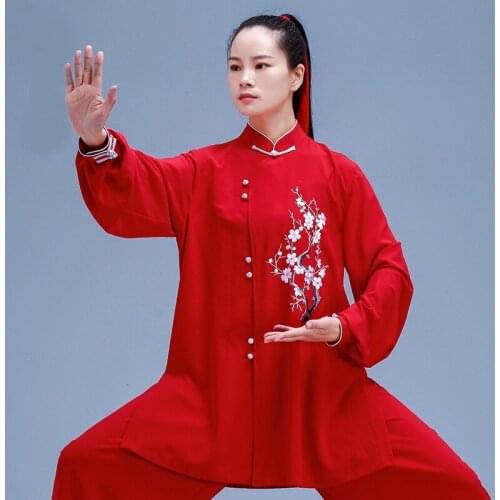 Tai Chi Clothing Women Kung Fu Outfit Embroidery Plum Blossom Wushu Costume Martial Art Red Morning Sprots Tai Chi Uniform 11021